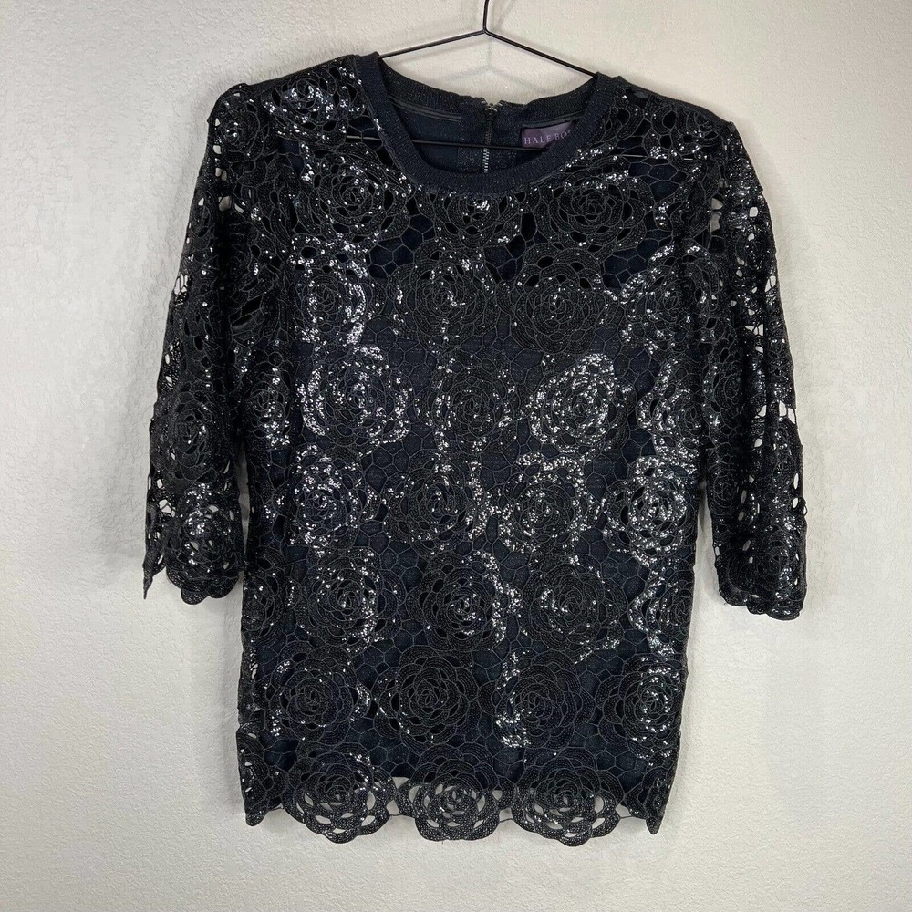 Hale Bob Womens Kenzie Top Size Medium Black Sequin Floral Lace Knit Back Blouse